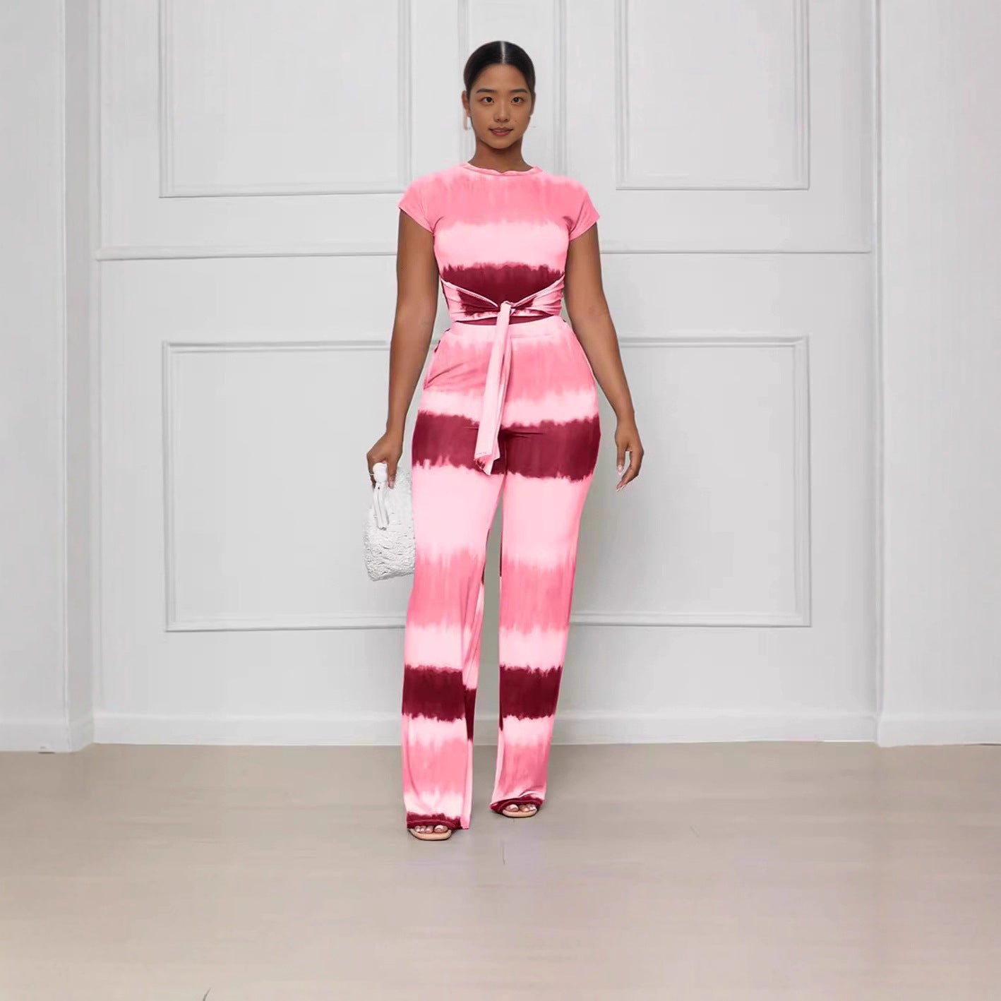 Women's Fashion Tie Waist Open Waist Top Sexy Straight Pants Gradient Color Outfit Set 8