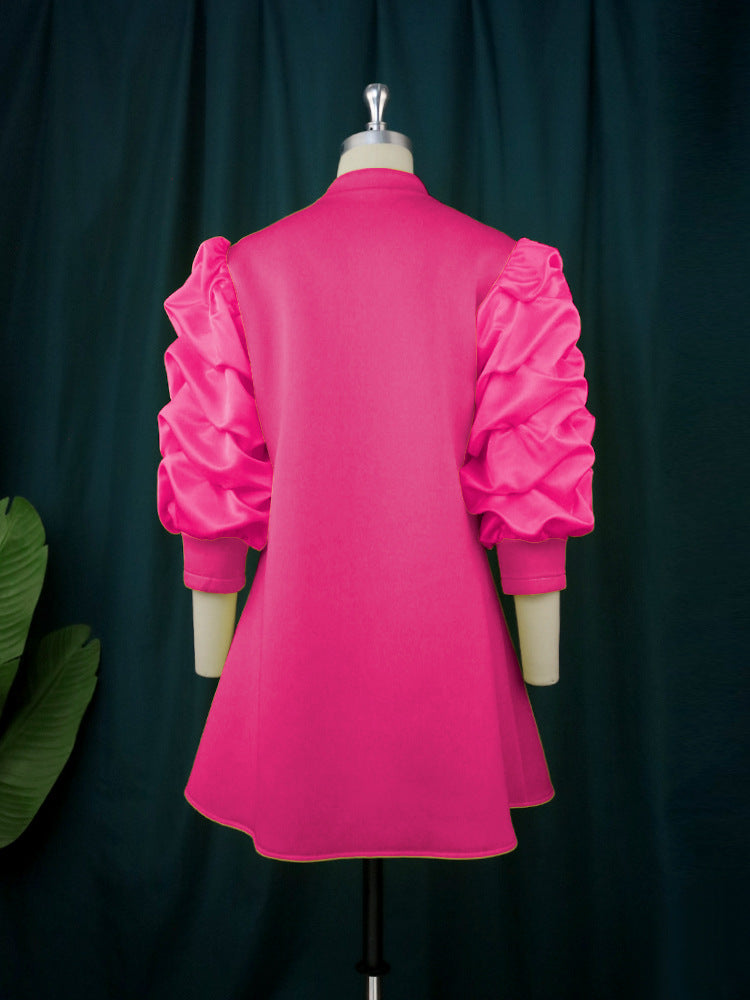 Plus Size Women's Career Stand Collar Pleated Sleeve A-Line Dresses 11