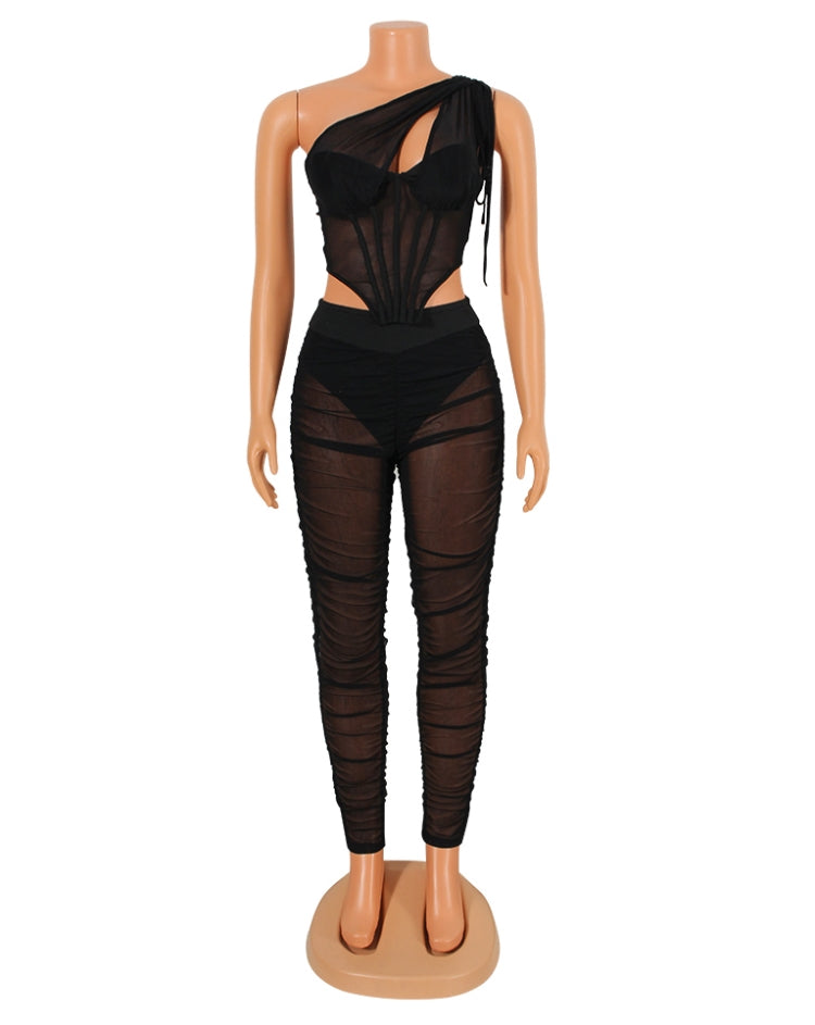 Spring Sexy Black Mesh See Through One Shoulder Sleeveless Corset Top and Ruched Pants Set Wholesale 2 Piece Sets 4