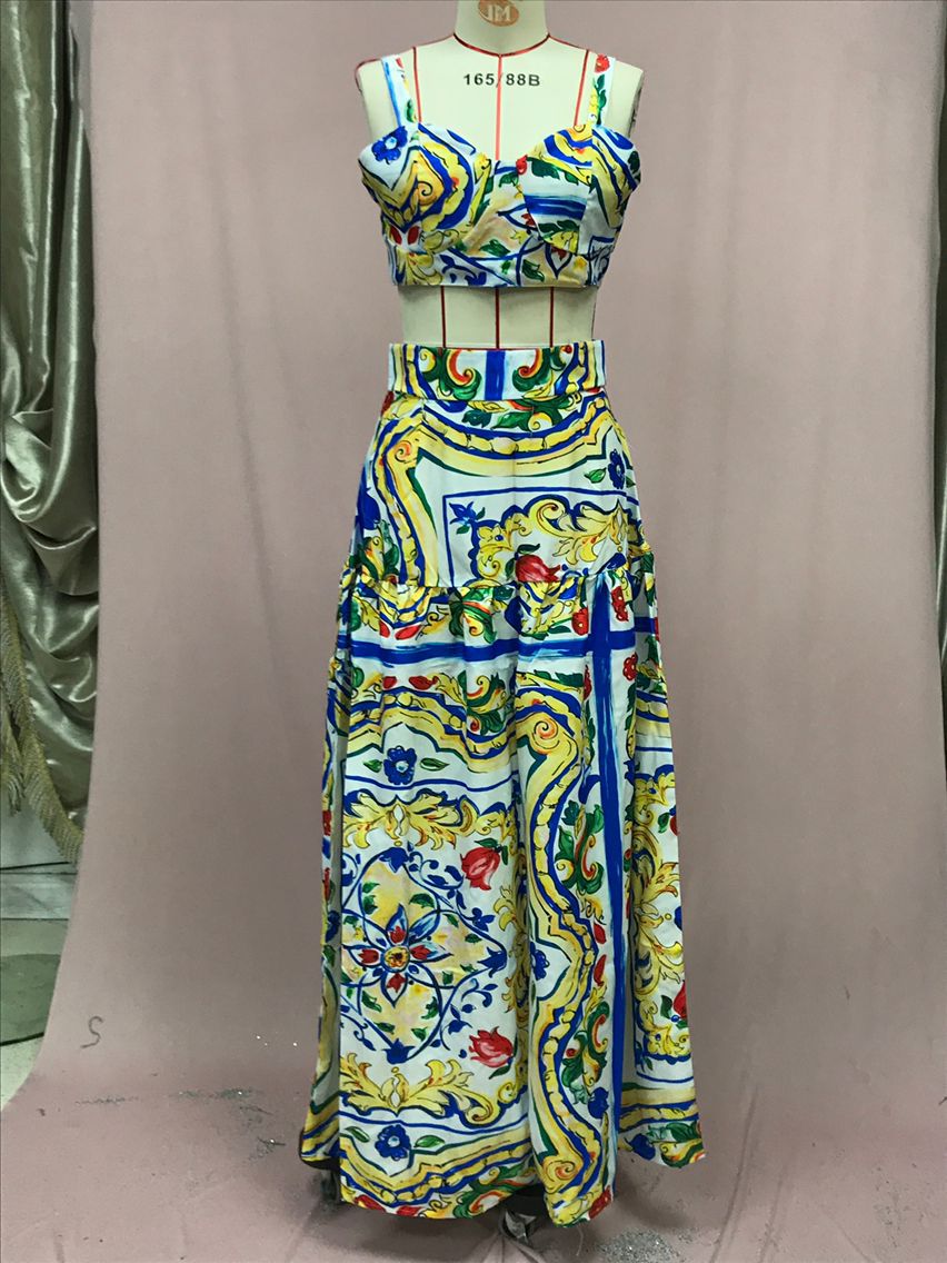 Women Sexy Chic Suspender Printed Top And Beach Skirt Two-Piece 19