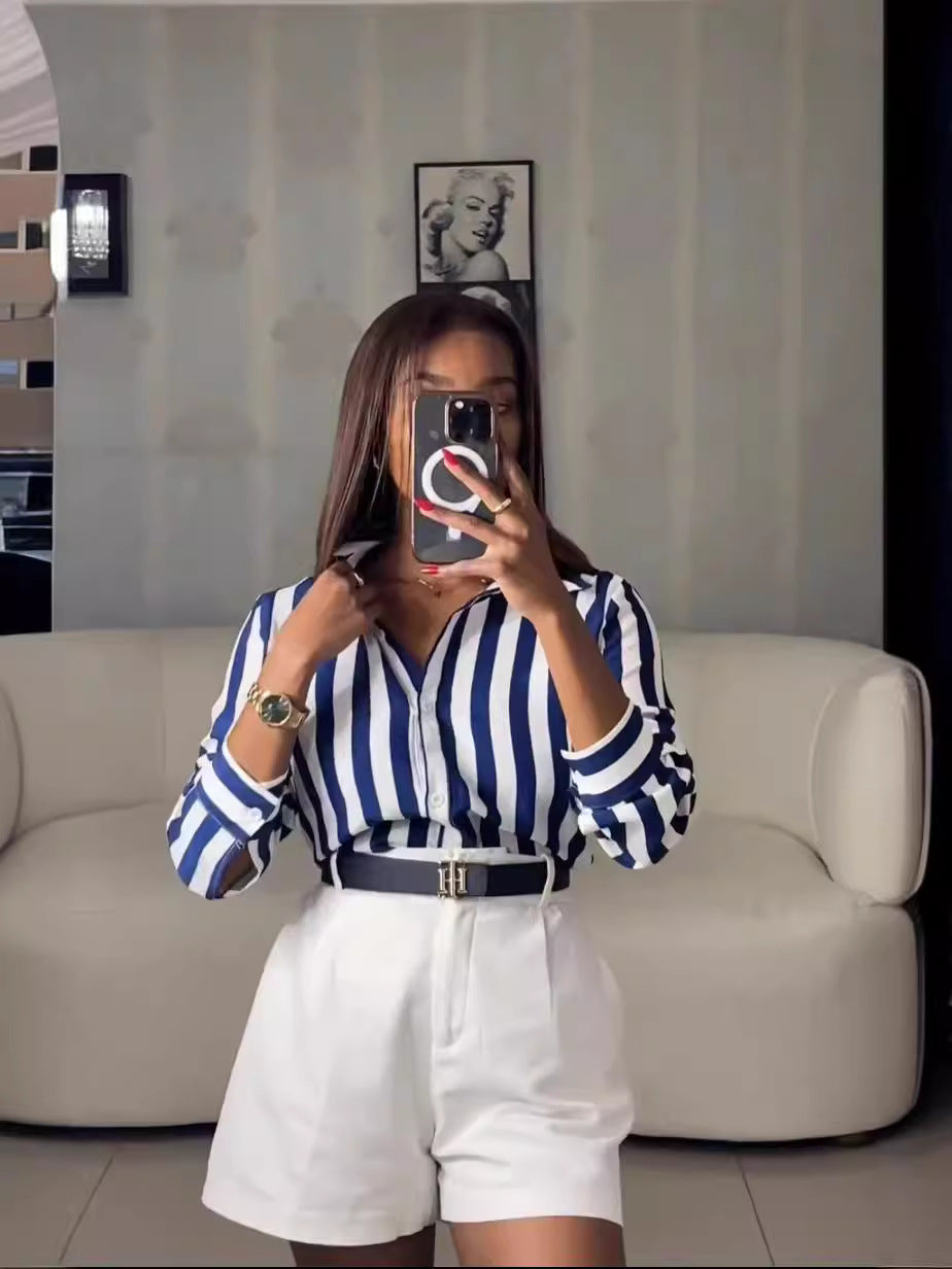 Women's Spring Fashionable Blue Striped Shirt 3