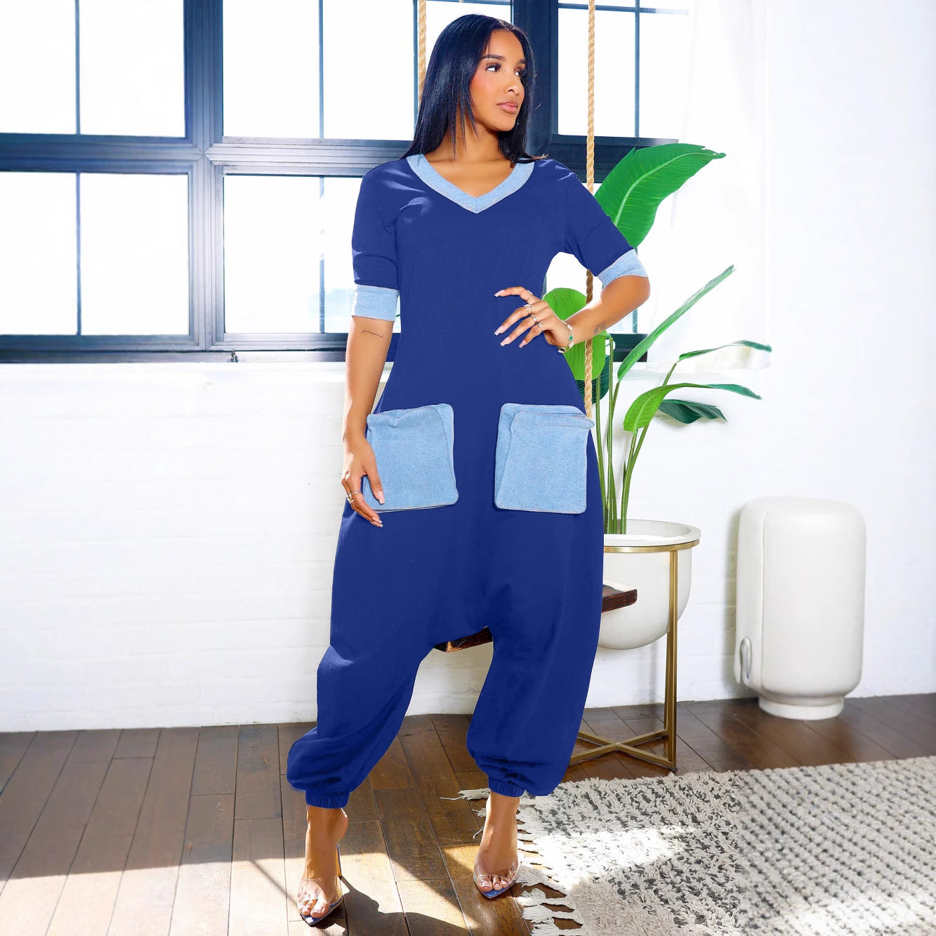 Women Casual Career V-Neck Patchwork Contrast Stretchy Denim Jumpsuit 6