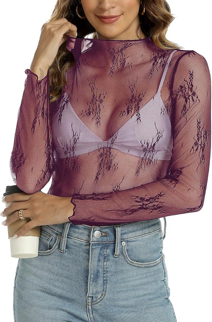 Women mesh long-sleeved floral embroidery See-Through Basic Top 7