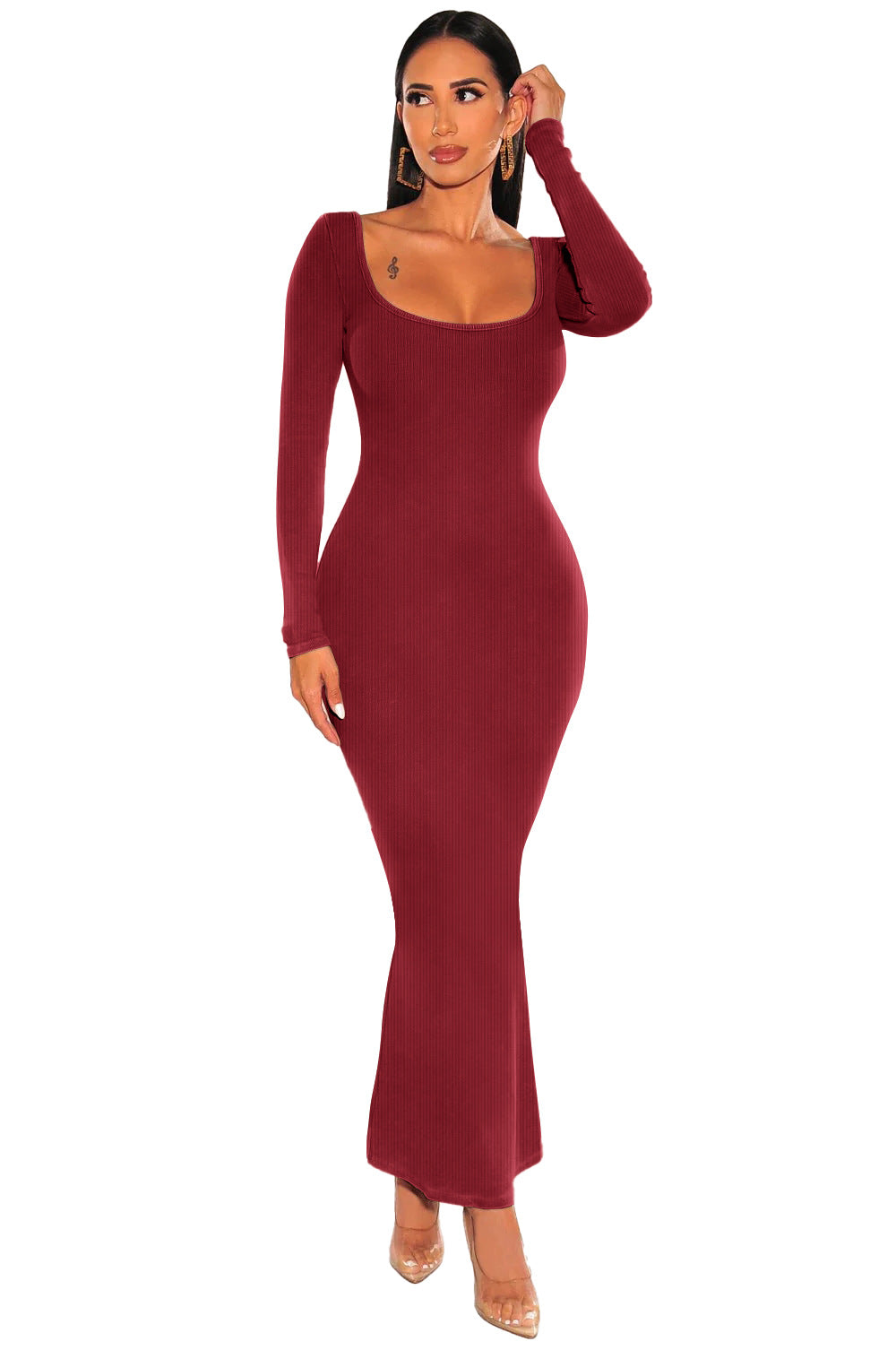 Women autumn square neck long sleeve knitting dress 6