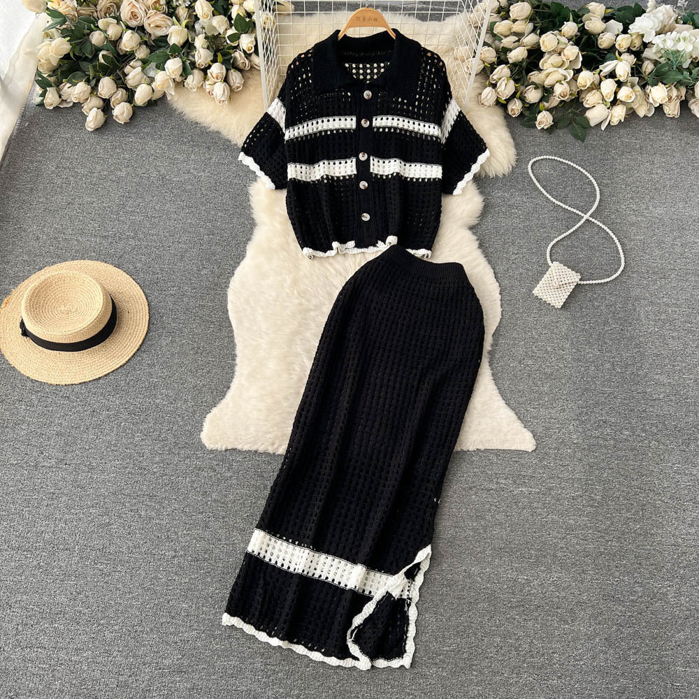 Spring/Summer Holidays Set for Women Turndown Collar Short-Sleeve Loose Top + Slit Skirt Two-Piece Set 6