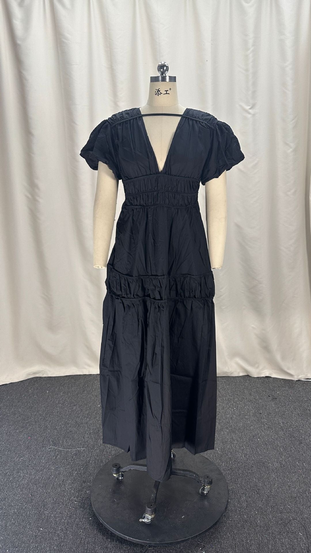 Women Spring V-Neck Zipper Puff Sleeve Hollow Maxi Dress