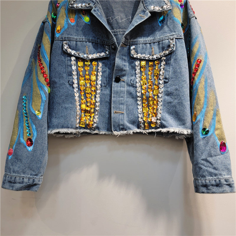 Short Small Size Beaded Spring And Autumn Trendy Denim Jackets