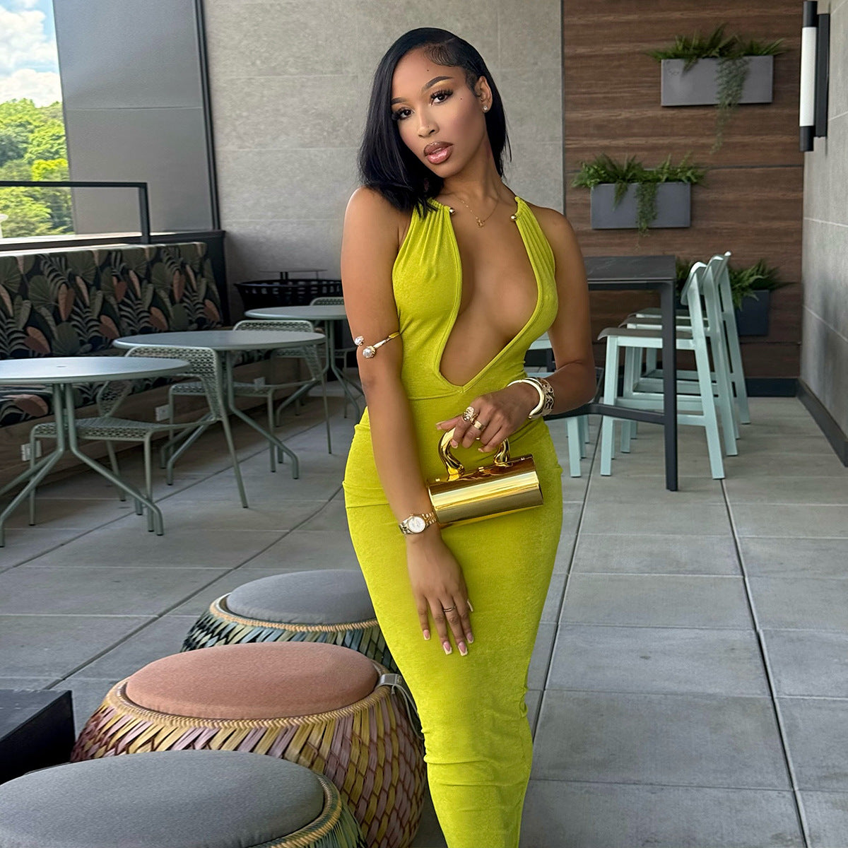 Women Sexy V-Neck Metal Halter Neck Maxi Dress 4