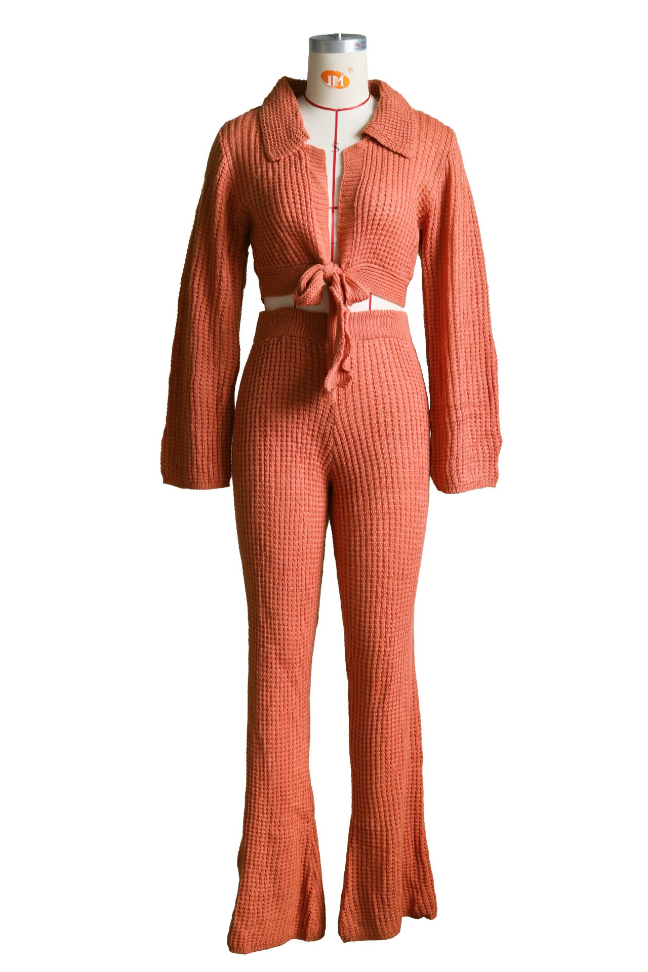 Women's Fashion Casual Bell Bottom Solid Color Knitting Tied Sweater Pants Two Piece Set 12