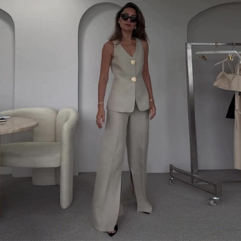 Women Solid V-Neck Sleeveless Vest and wide-leg pants two-piece set 15