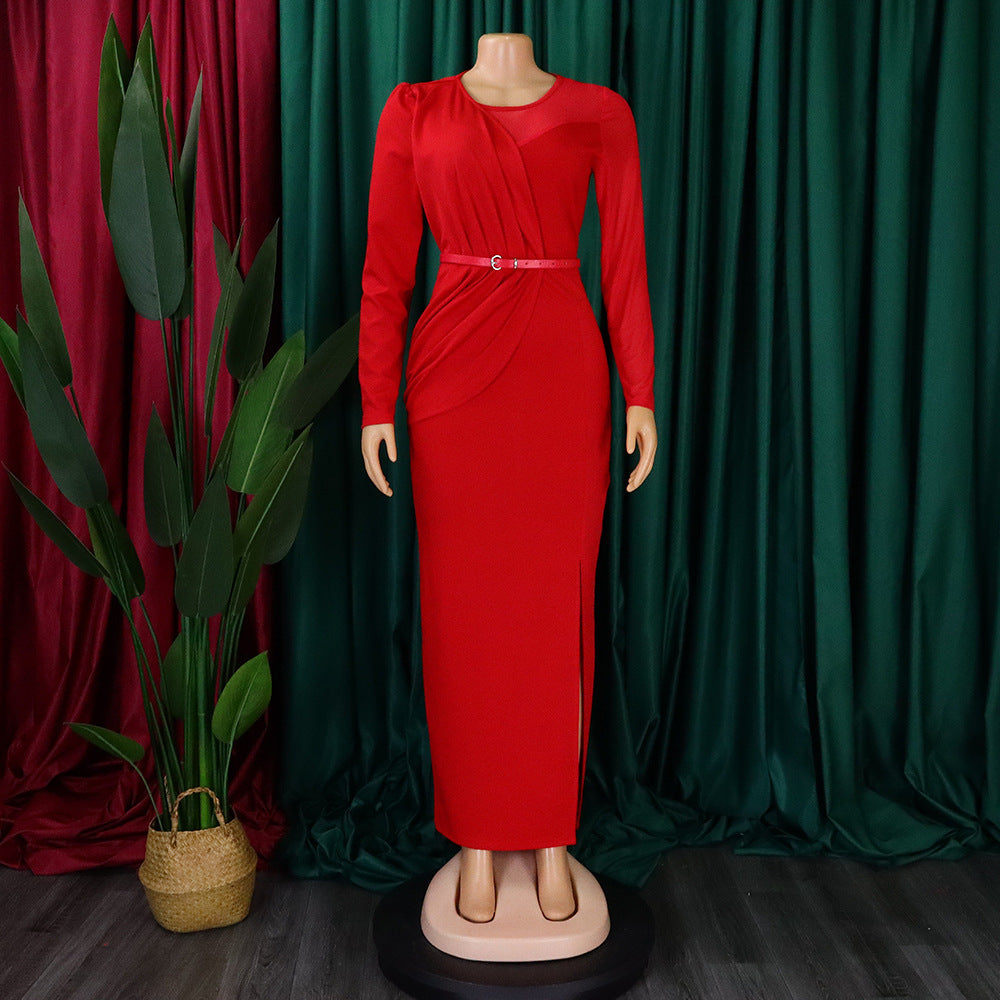 Summer Solid Round Neck Pleated Long Sleeve Plus Size Dress 9