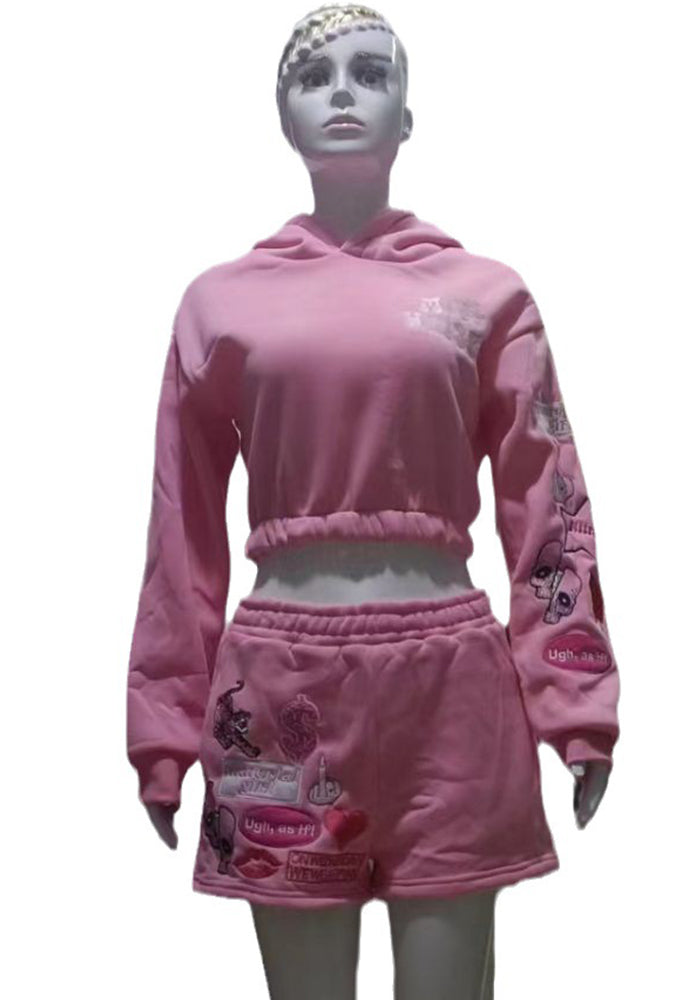 Women Sports Casual Embroidered Hoodies and Shorts Two-Piece Set