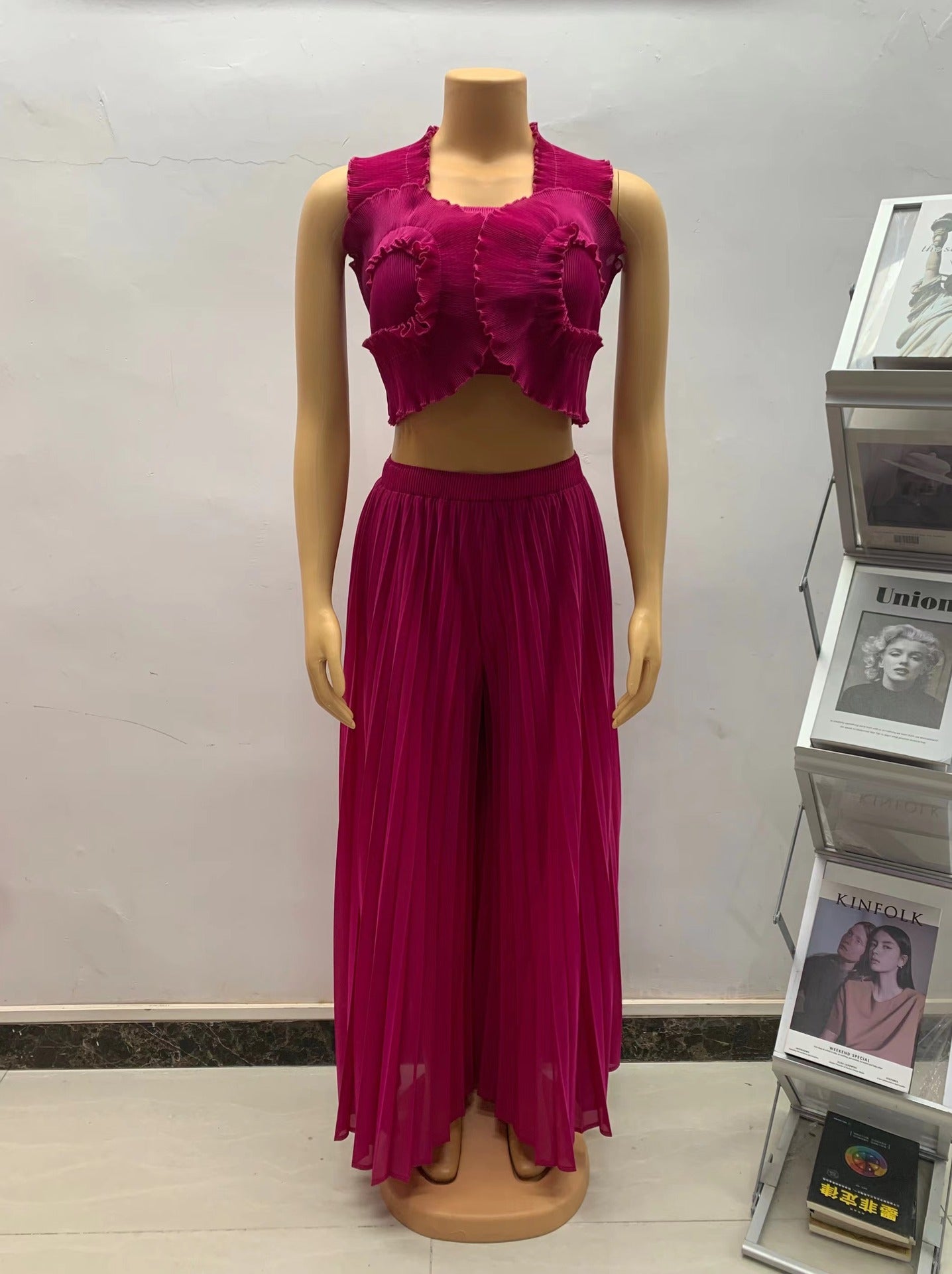 Women African Pleated Top + Wide Leg Pants Two-Piece Set 17