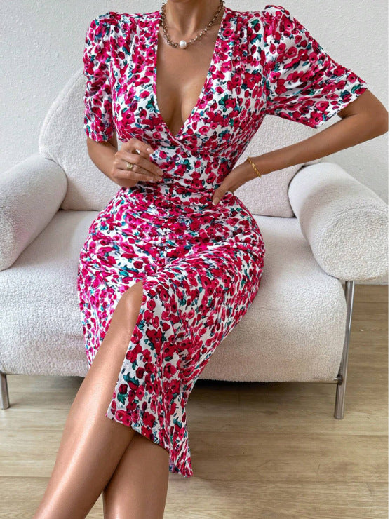 Summer Deep V-Neck Sexy Flower Puff Sleeve Slim Waist Bodycon Dress 5
