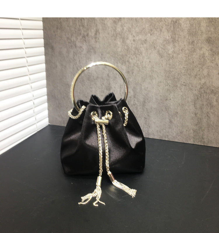 Women's Dinner Bag Flash Diamond Tassel Drawstring Satin Handheld Mini Bucket Bag Chain Messenger Bag 11