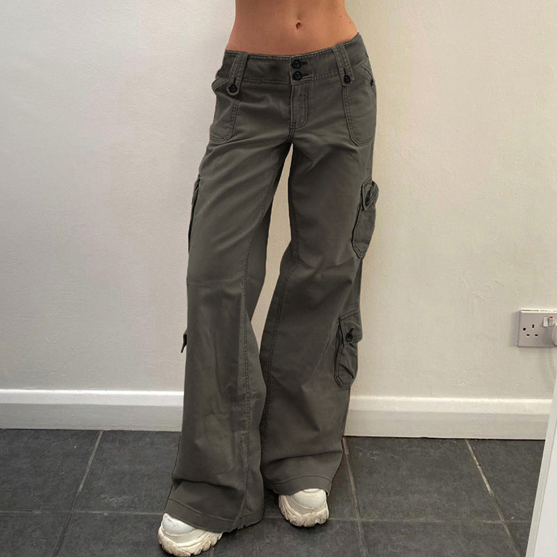 Pockets Cargo Denim Pants Low Waist Solid Color Loose Casual Trousers 4