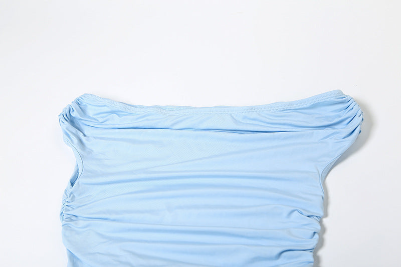 Women Spring Summer Solid Sexy Slash Shoulder Pleated Slit Dress 13