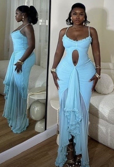 Women French elegant sling hollow ruffle irregular Maxi Dress