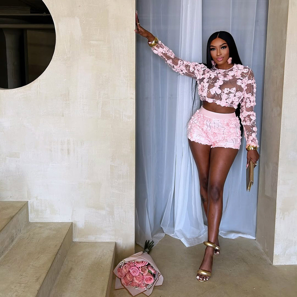 Women round neck long sleeve top and sexy shorts two-piece set 11