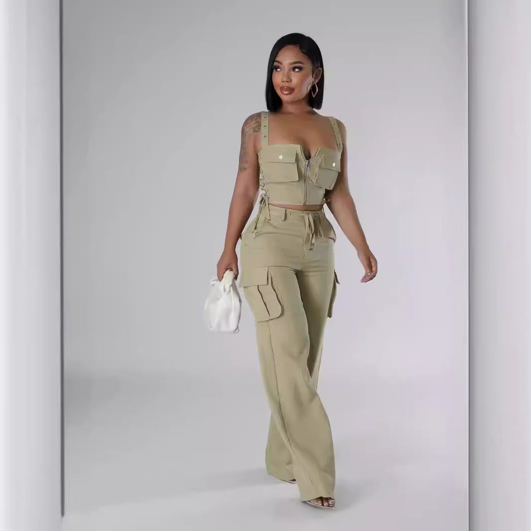 Women Suspender V-neck Top and Pants Two-piece Set 4