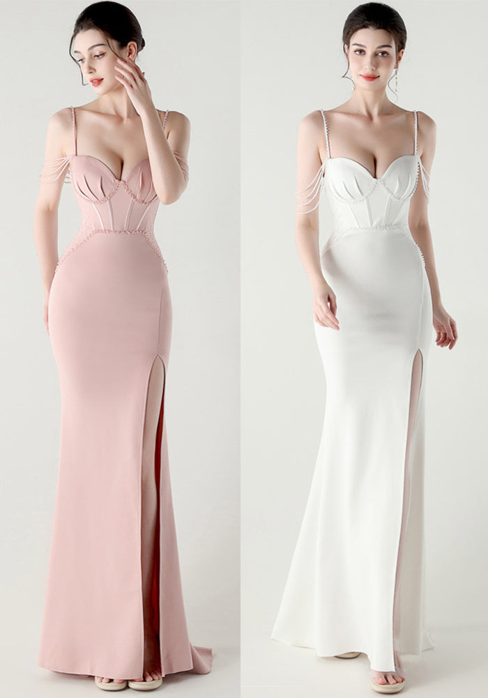 Women lace mesh herringbone Lace-Up beaded Formal Party evening dress