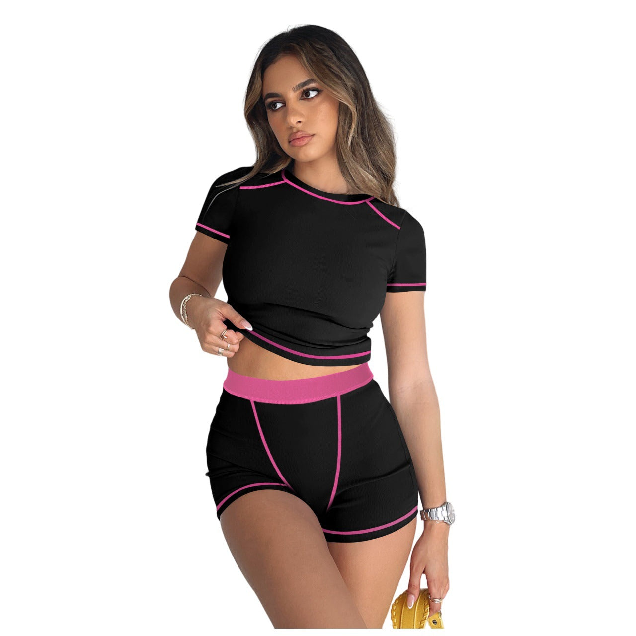 Women Casual Ribbed Contrast Color Short Sleeve Top and Shorts Two-piece Set 9