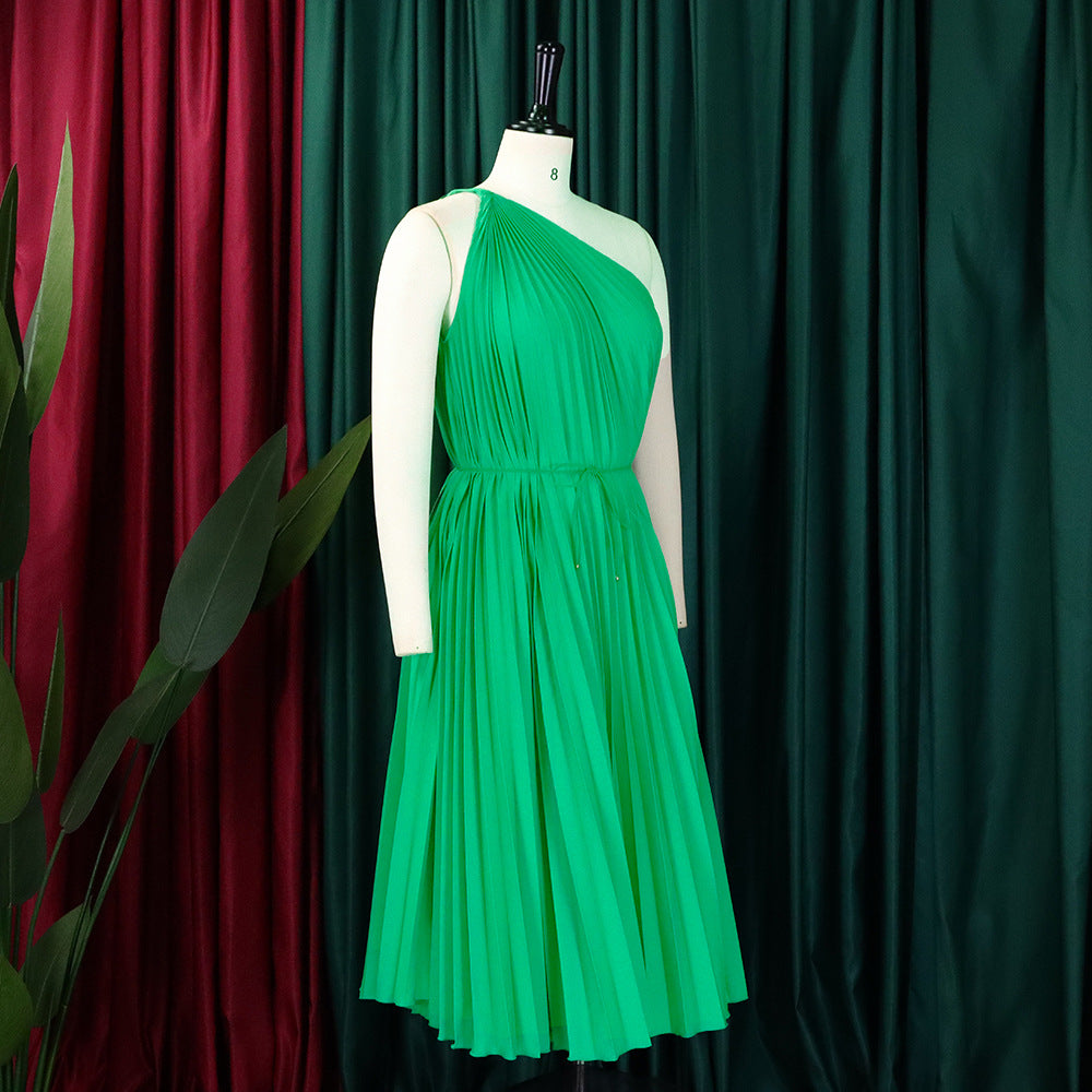 Women Summer Solid Slash Shoulder Lace-Up Loose Pleated Dress 25