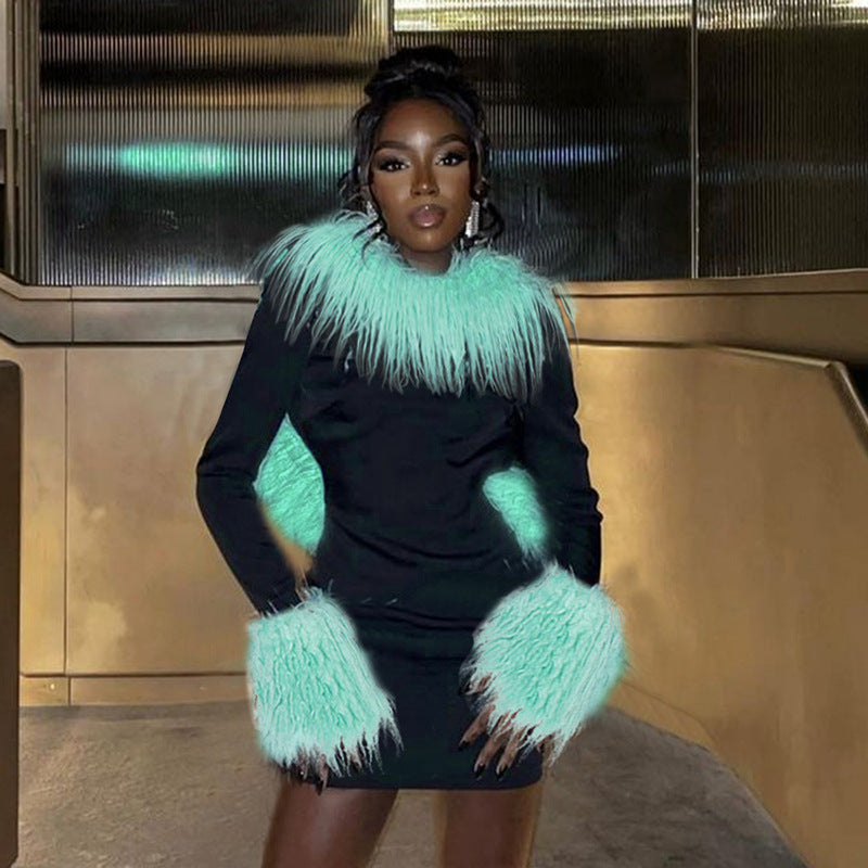 Women's Autumn Fur Collar Patchwork Solid Color Casual Low Back Long Sleeve Slim Dress 4