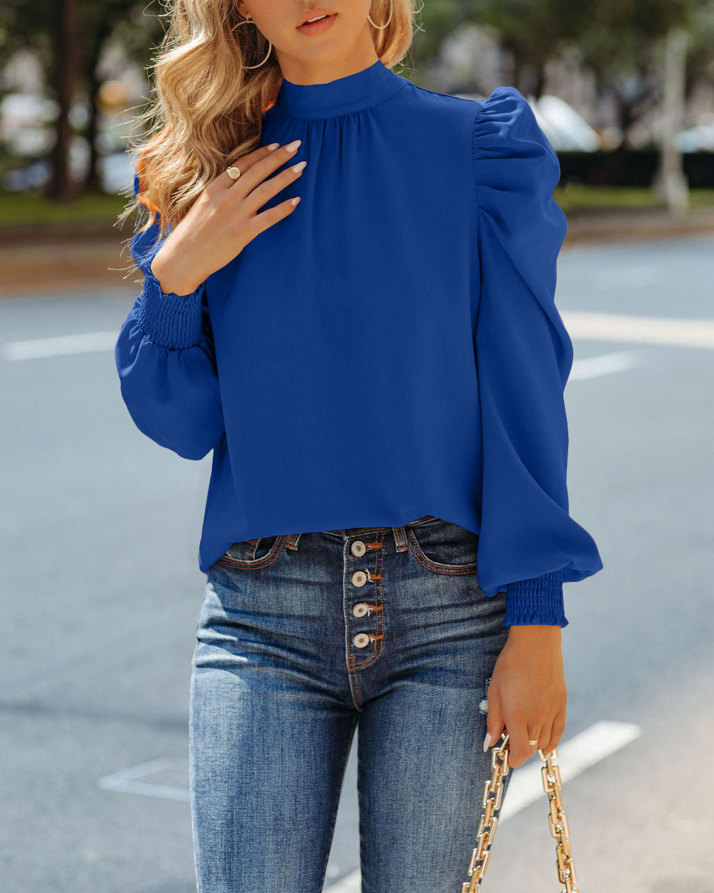 Women Solid Stand Collar Puffed Sleeve Top 6