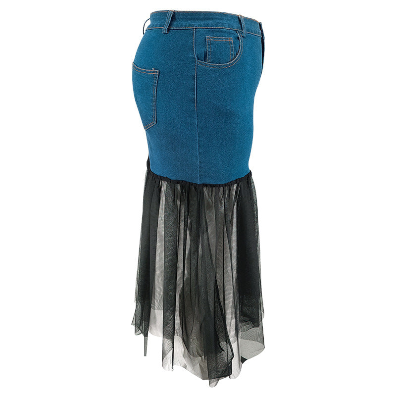 Plus Size Women's Denim Patchwork Mesh Skirt 6