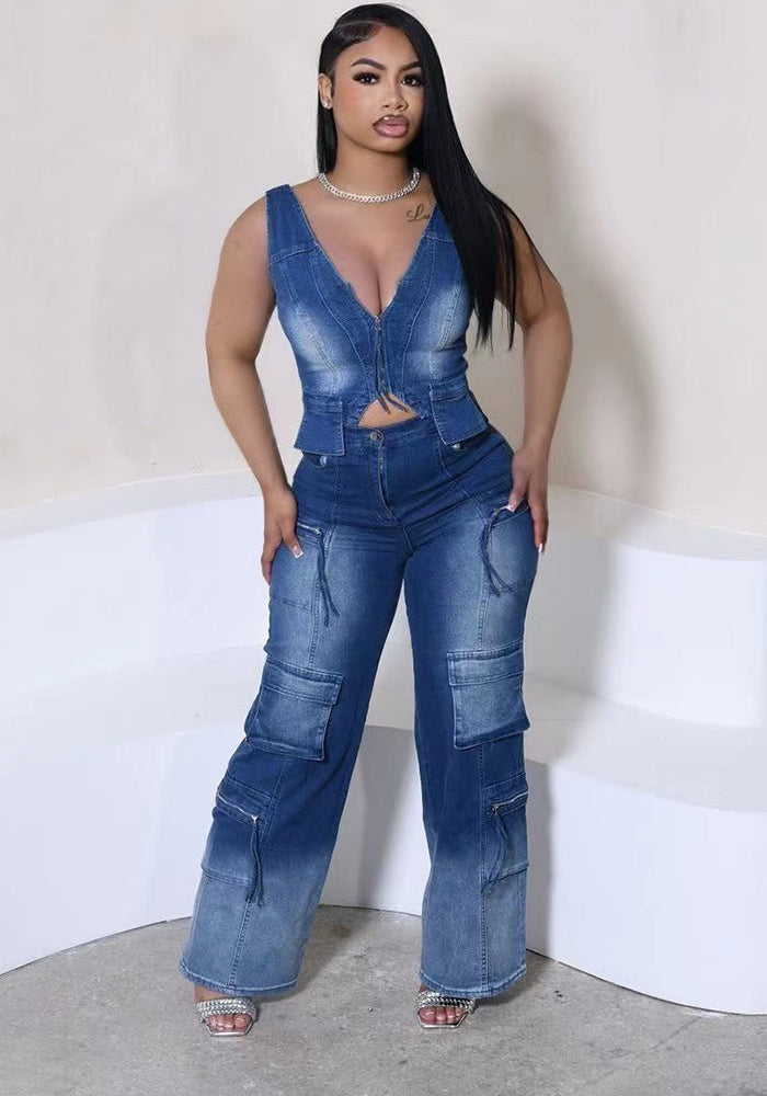 Women Casual Retro Vest and Multi-Pocket Wide Leg Pants Two-piece Set
