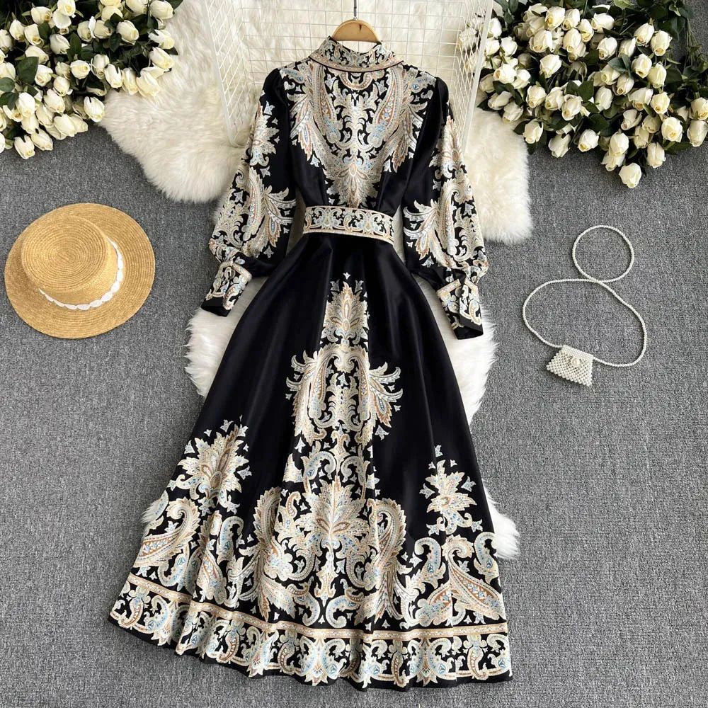 Women Vintage Print French Dress