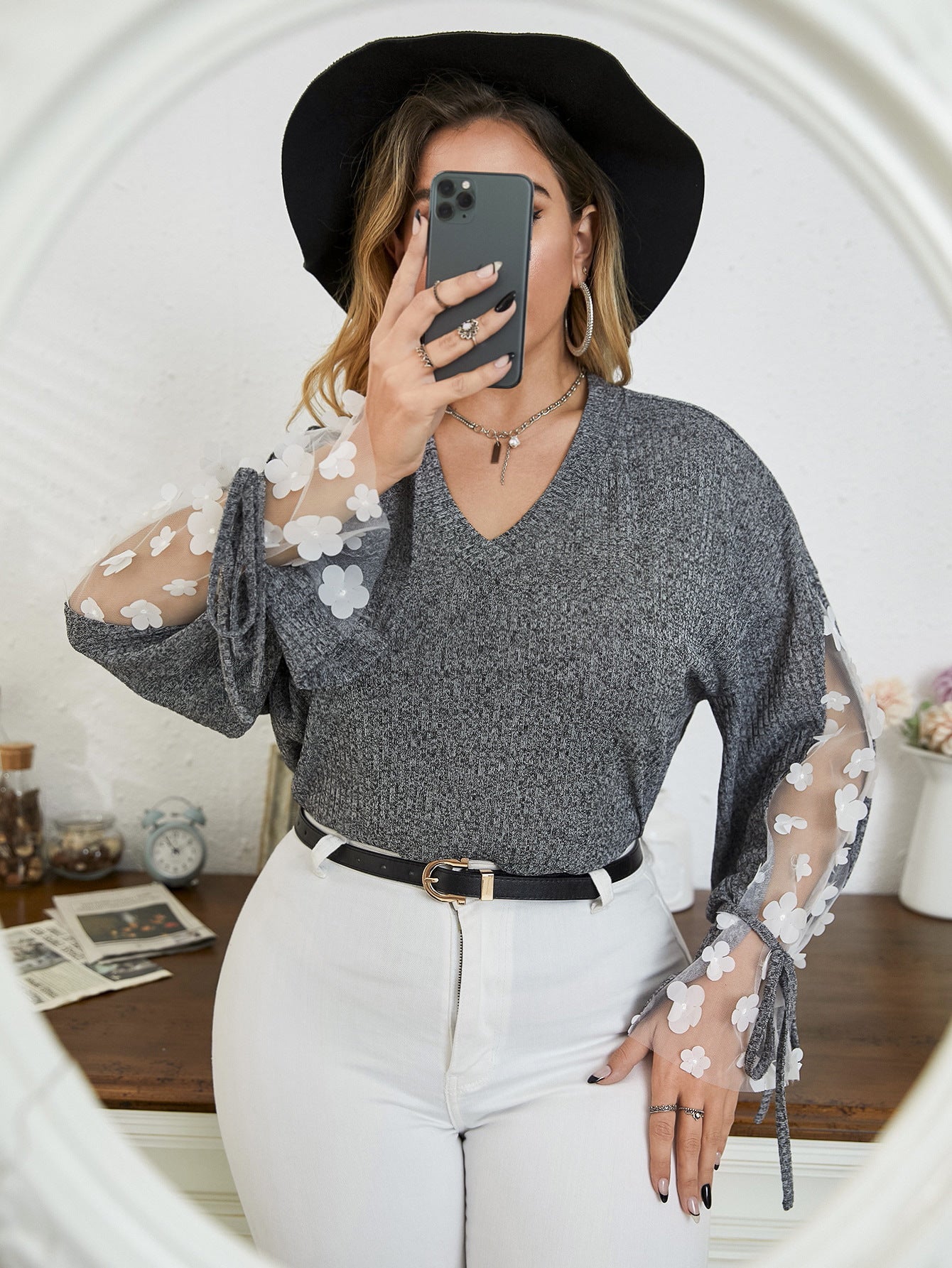 Plus Size Women's Long Sleeve Career Loose Lace Bow Top 3