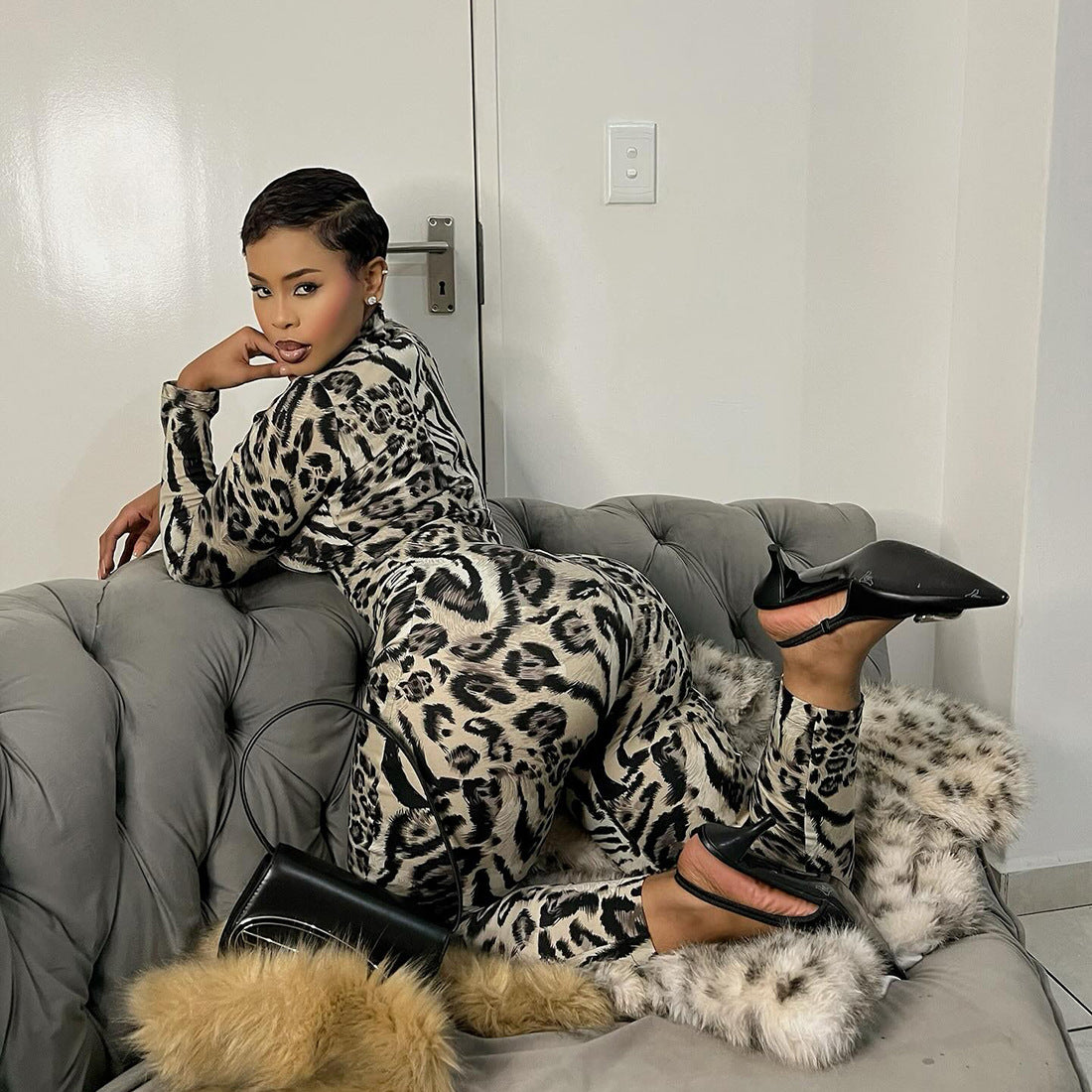 Autumn Women's Fashion Leopard Print Semi-High Neck Sexy Tight Fitting Jumpsuit 4