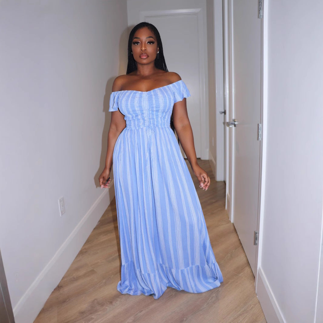 Women Spring Summer Striped Print Off Shoulder Lace-up Dress 3