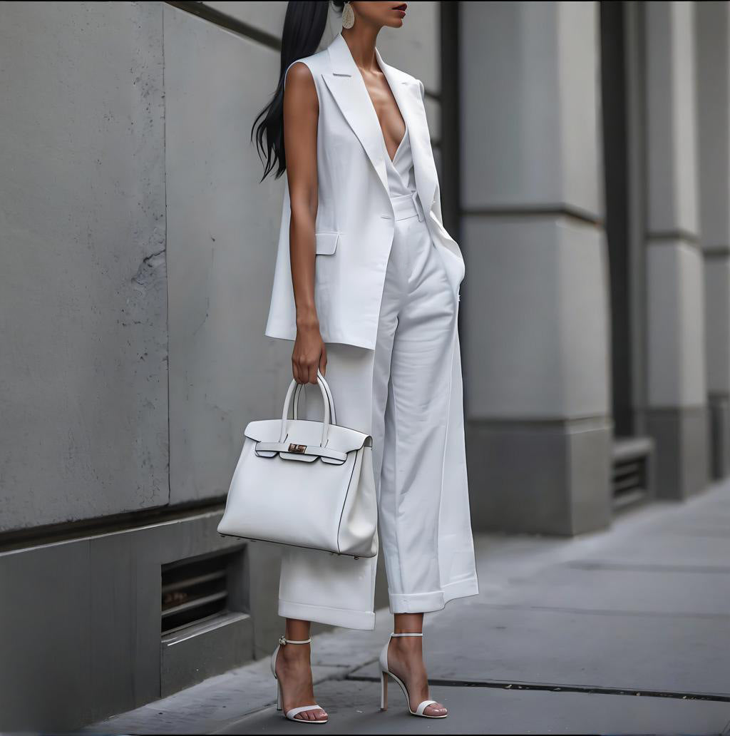 Women's Solid Color Sleeveless Straight-Leg Pantsuit Professional Office Set 7