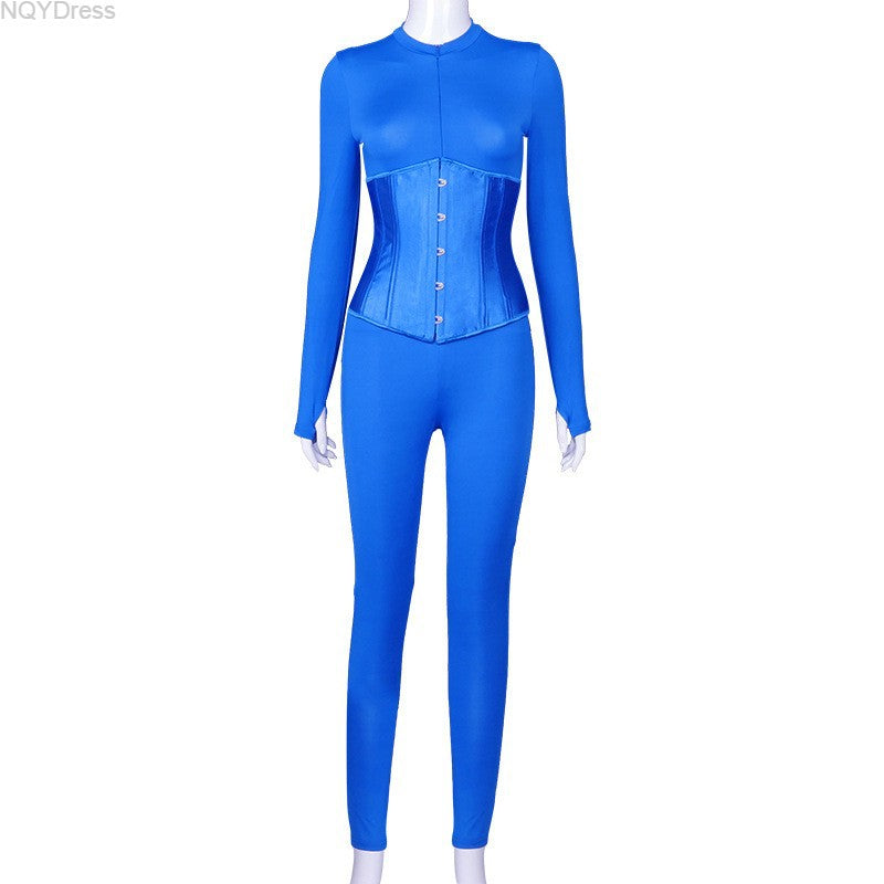 Women's Autumn Solid Color Corset Zipper Tight Fitting Casual Jumpsuit Two Piece Set 5