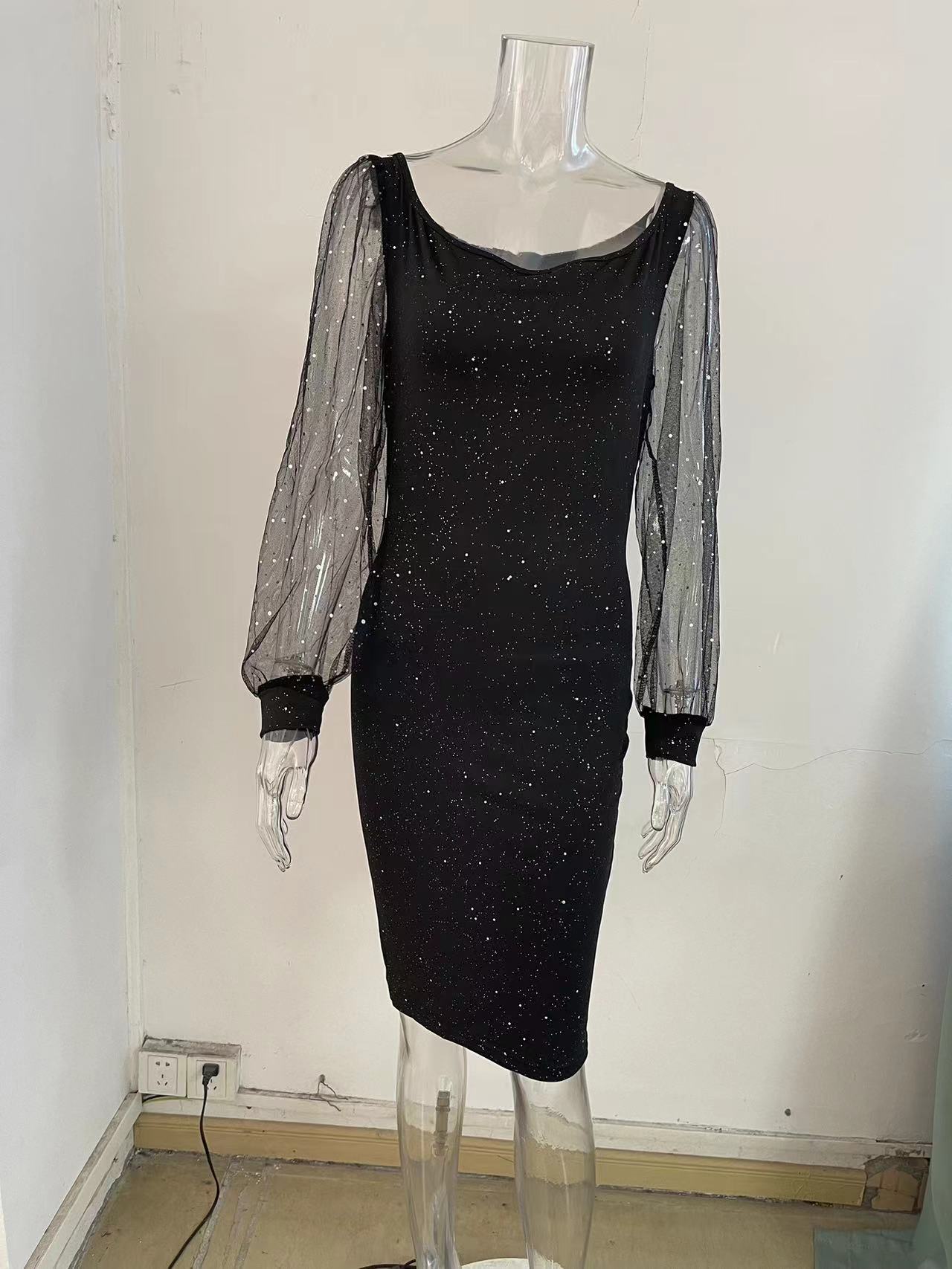 Chic Elegant Sexy V-Neck Mesh Sleeve Shiny Women's Evening Dress 6