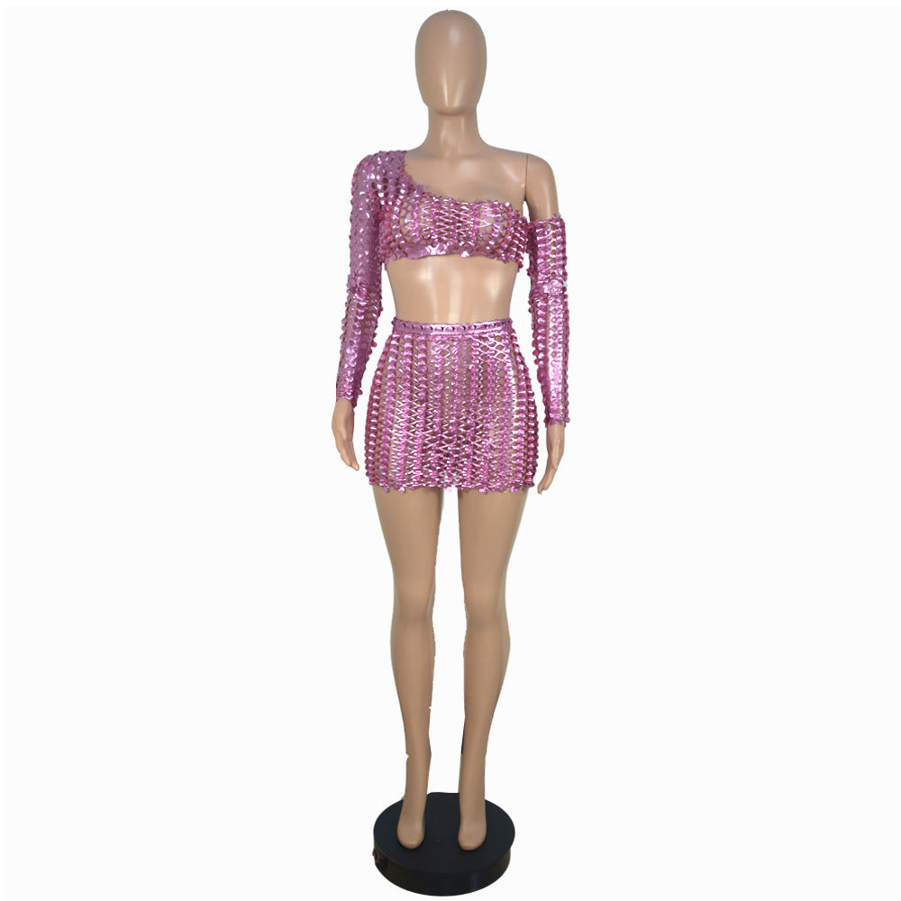 Women Sexy Mesh Hollow Hollow Long Sleeve Crop Top + Skirt Two Piece Set 15