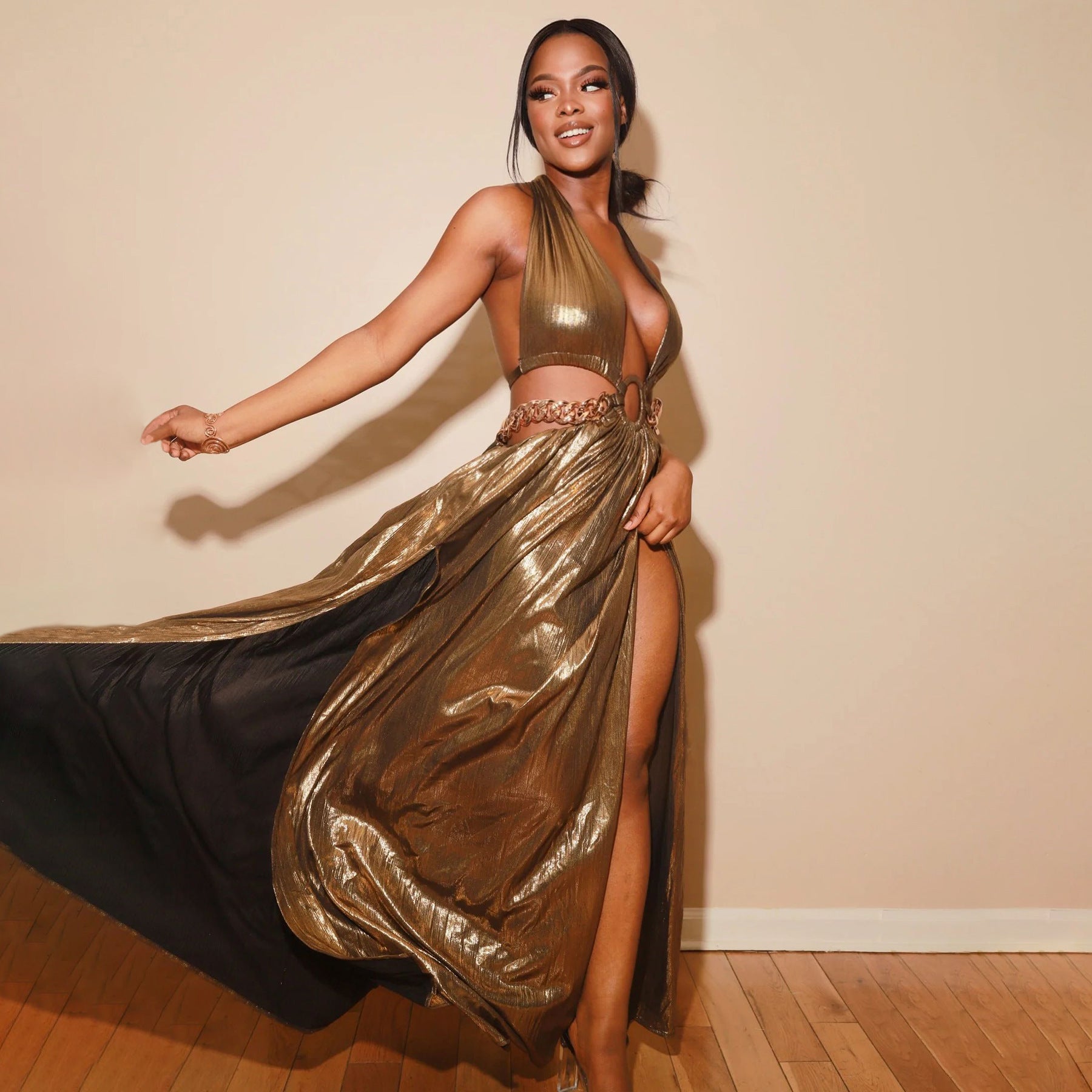 Women's Sexy Deep V Low Back Shiny Long Gown 3