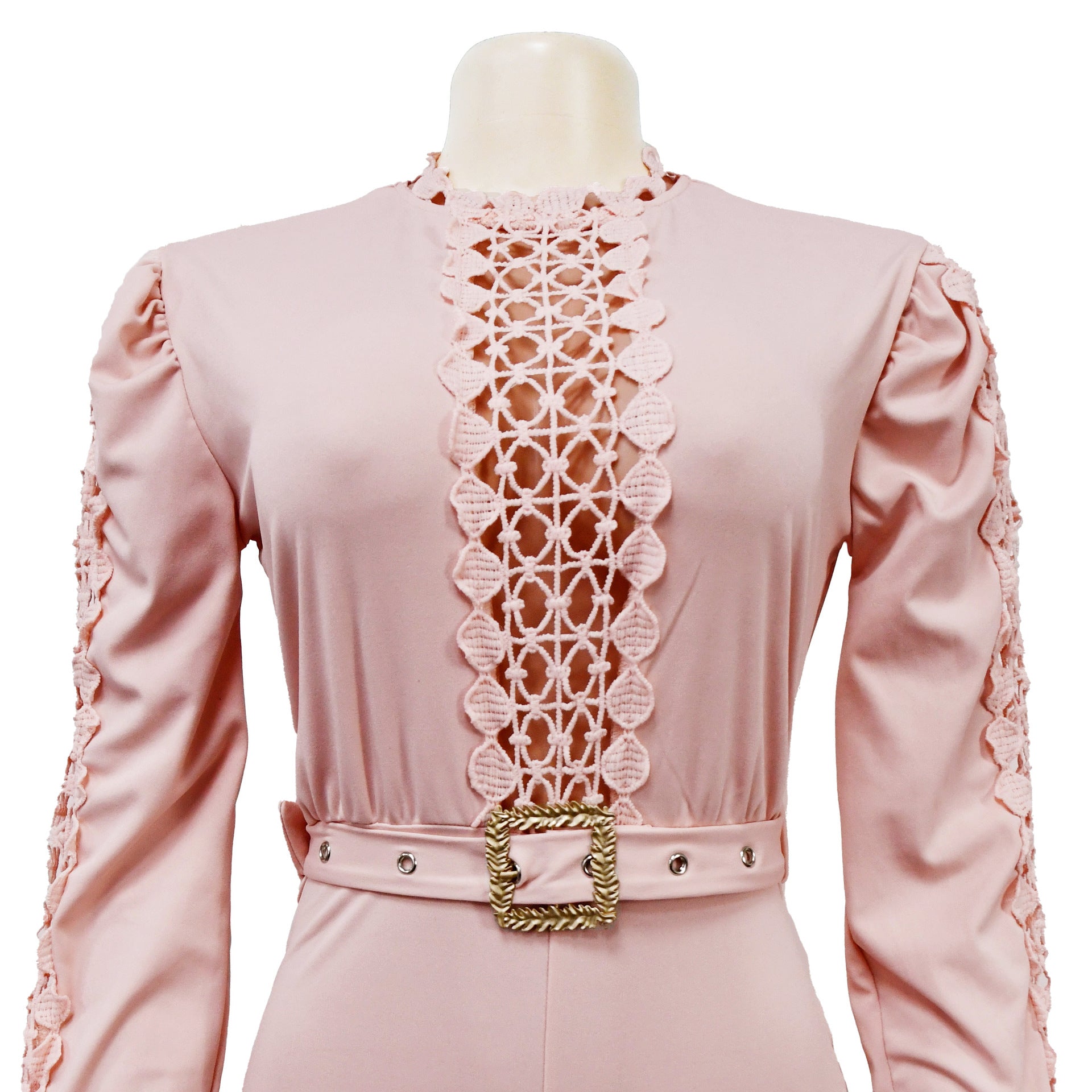 Women Belt Lace Cutout Solid Long Sleeve Jumpsuit 24