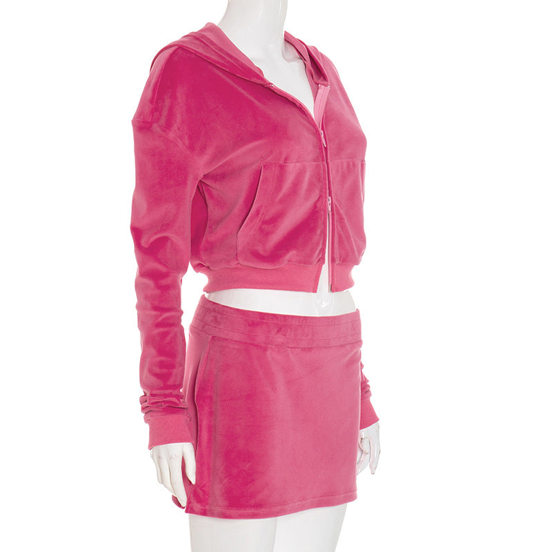 Women Sexy Hooded Long-Sleeved Crop Top and Skirt Two-Piece Casual Set 12