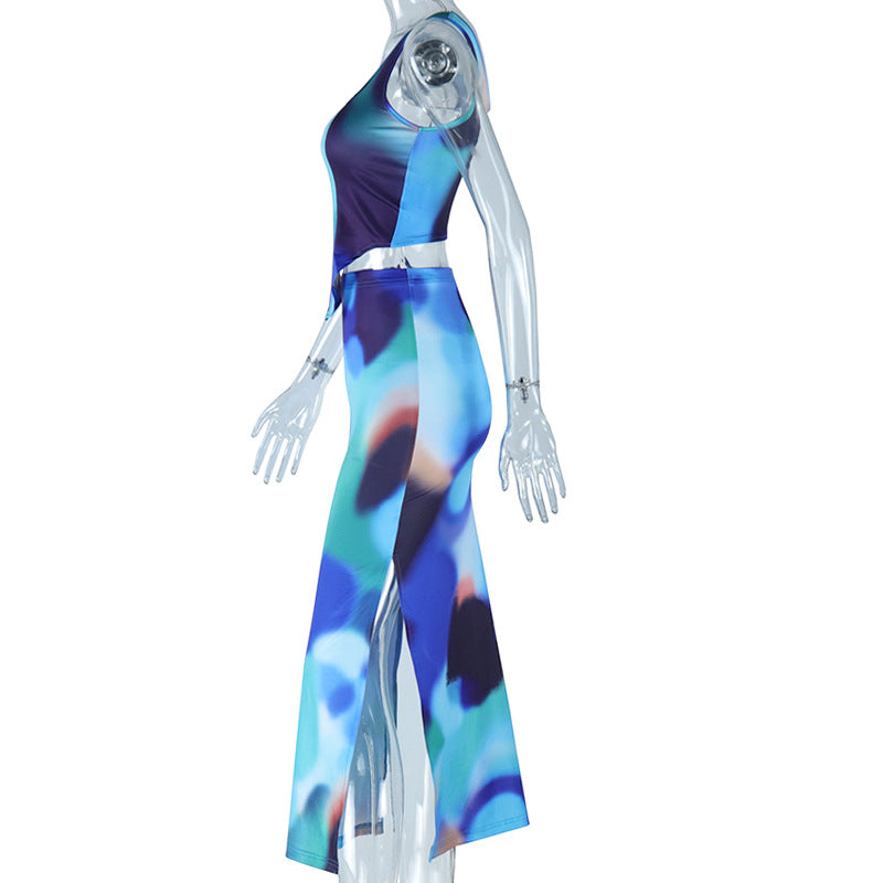 Women Printed Sleeveless Vest Top and Slit Skirt Two-piece Set 10