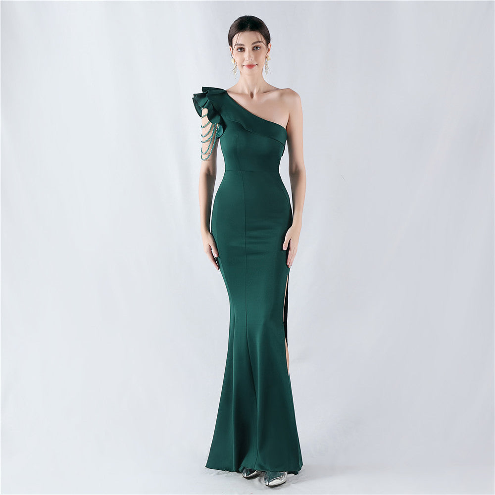 Women Beaded One-shoulder Slash Shoulder Evening Dress 5