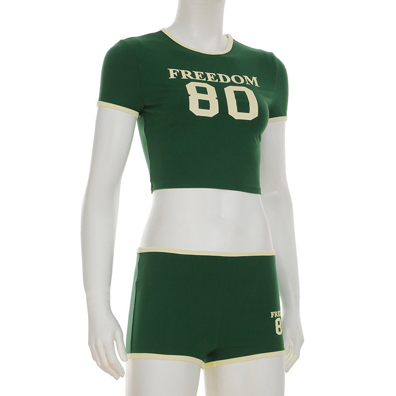 Women Sports Digital Print Contrast Short Sleeve Crop T-shirt and Shorts Casual Two-piece Set 7