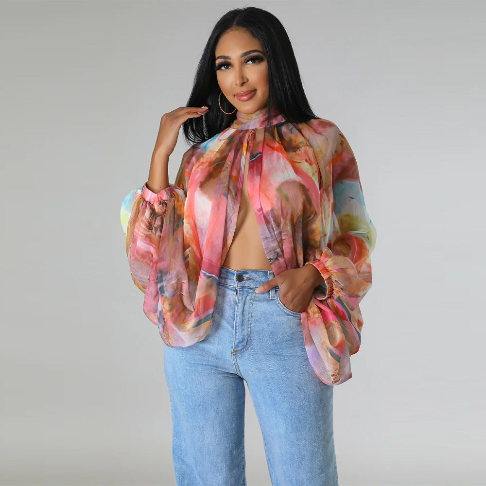 Women's Summer Lace-Up Printed Chiffon Shirt Bat Sleeves Top 39