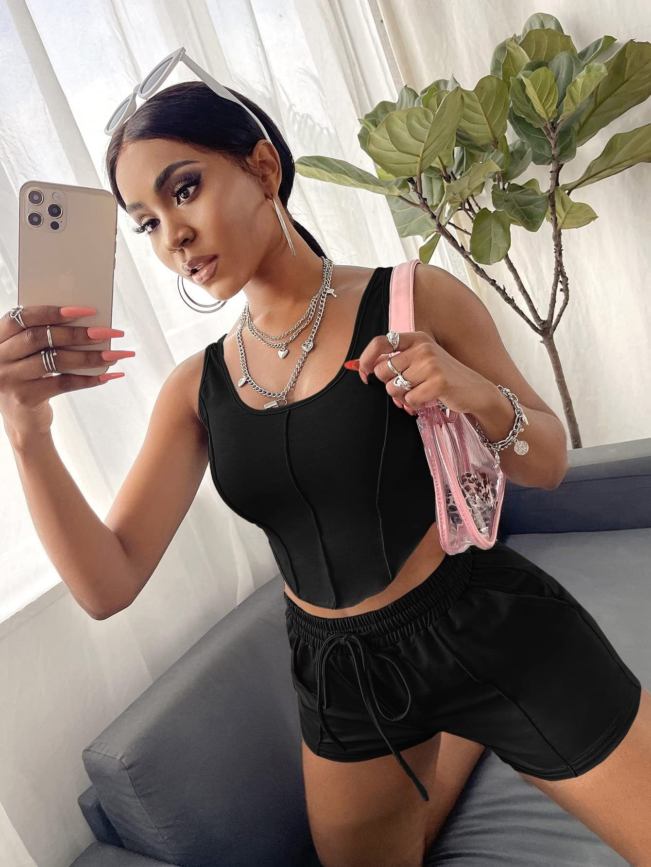 Women Sexy Irregular Top and Solid Shorts Two-Piece Set 23