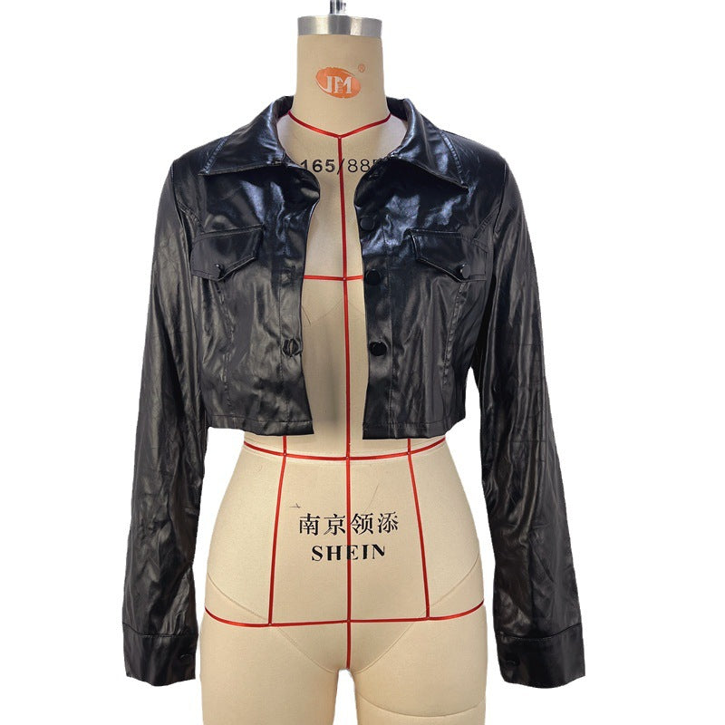 Women Sexy Crop PU-Leather Jacket 7