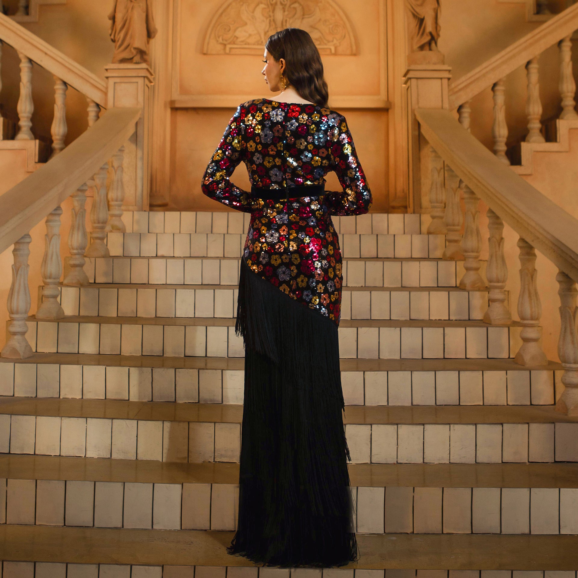 Women long-sleeved v-neck tassel sequins Formal Party fishtail evening dress 4