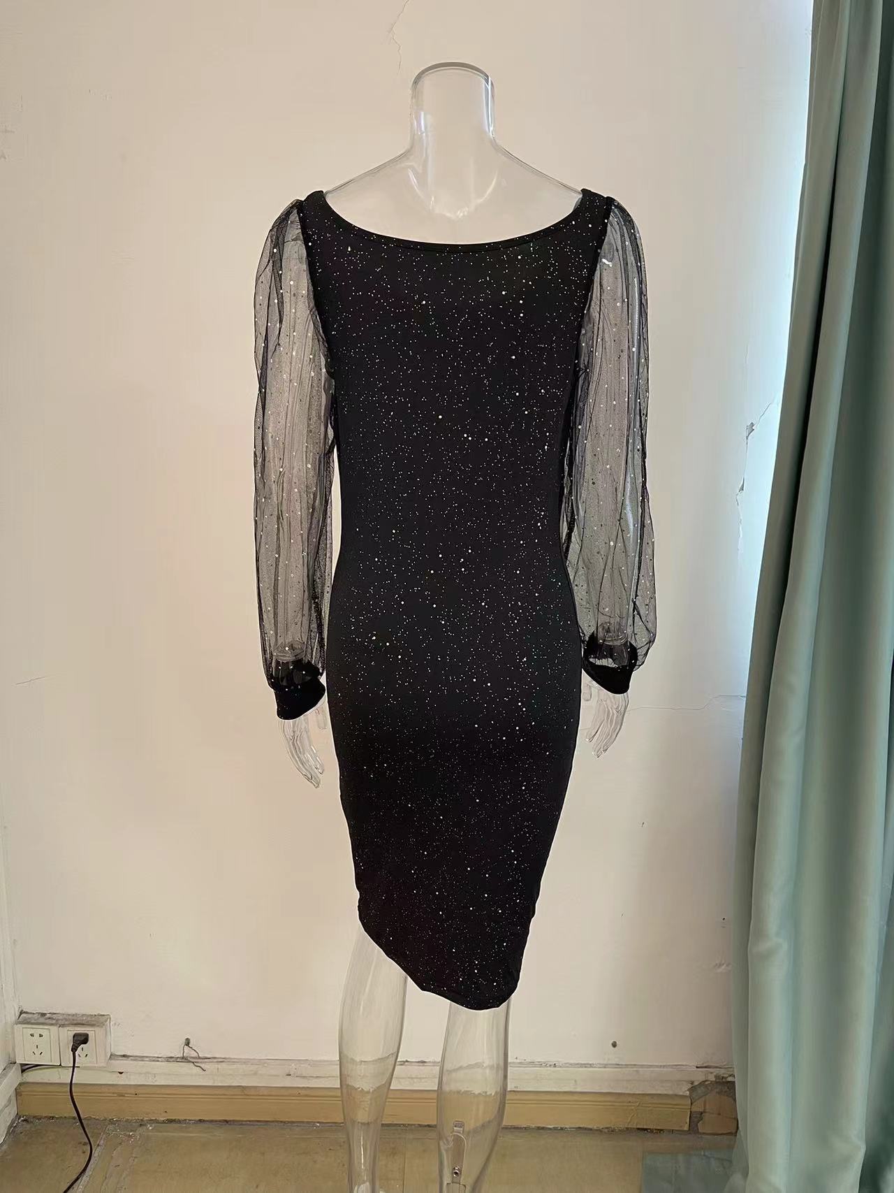 Chic Elegant Sexy V-Neck Mesh Sleeve Shiny Women's Evening Dress 7